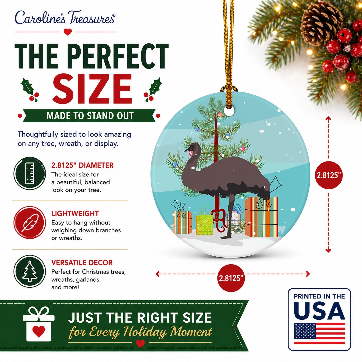 Emu Christmas Ceramic Ornament Christmas Tree Hanging Decorations for Home Christmas Holiday, Party, Gift, 3 in, Multicolor