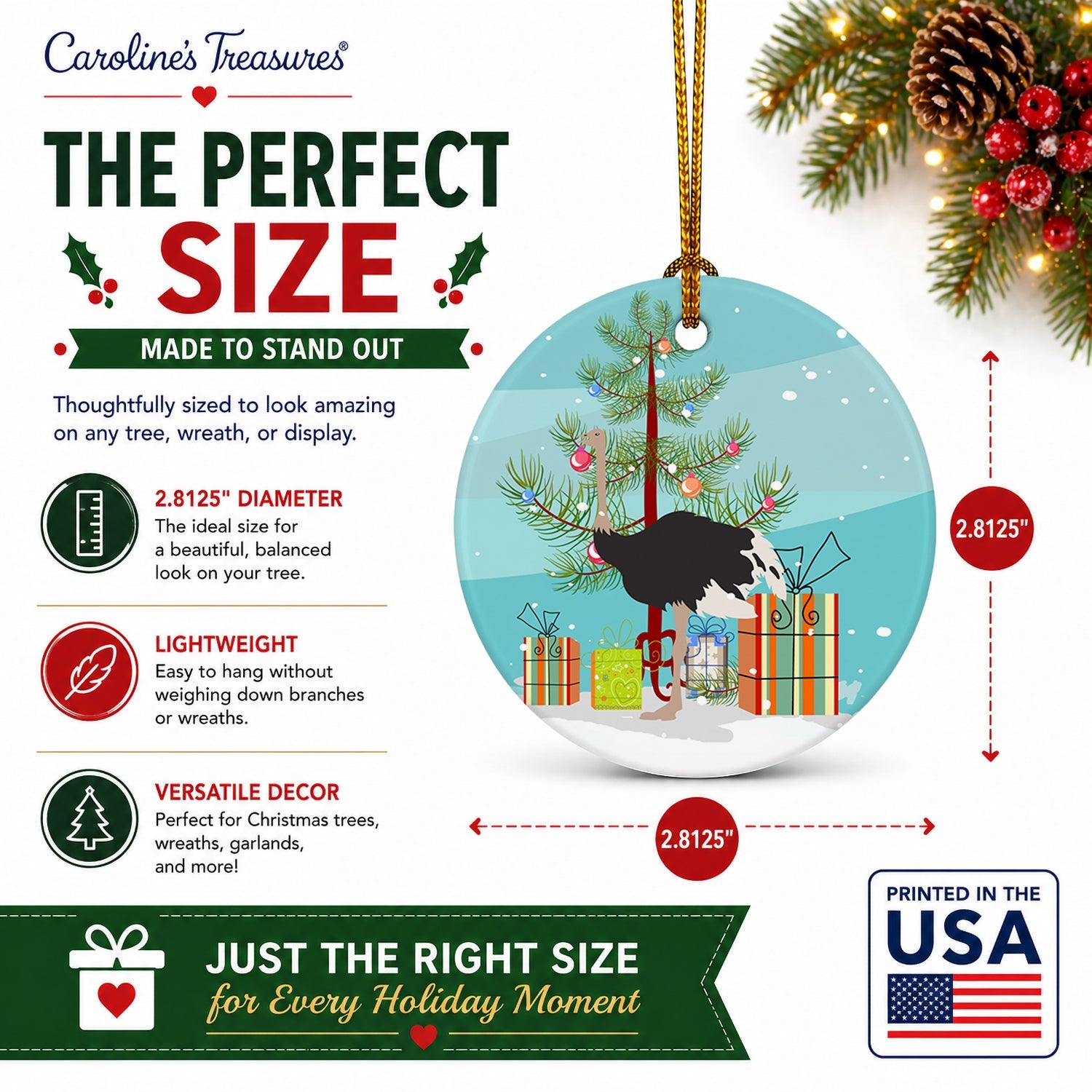 Common Ostrich Christmas Ceramic Ornament Christmas Tree Hanging Decorations for Home Christmas Holiday, Party, Gift, 3 in, Multicolor