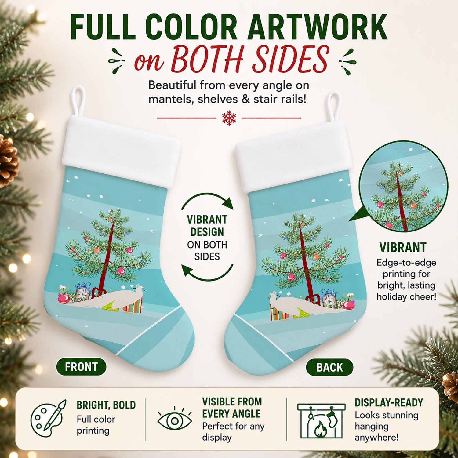 White Peacock Peafowl Christmas Holiday Stocking Double-Sided Print, Polyester Suede,11x18, Made in USA