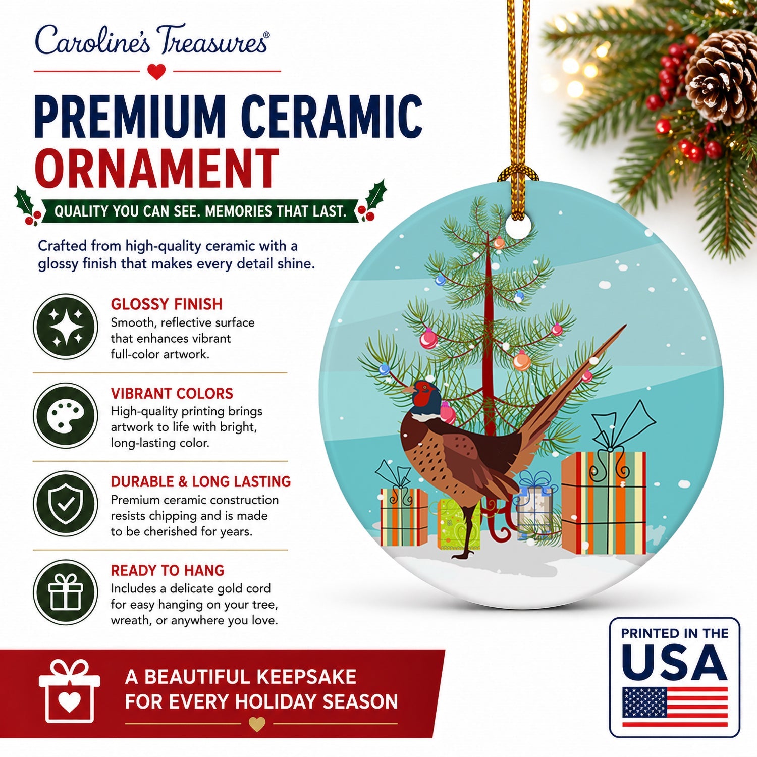 Ring-necked Common Pheasant Christmas Ceramic Ornament Christmas Tree Hanging Decorations for Home Christmas Holiday, Party, Gift, 3 in, Multicolor