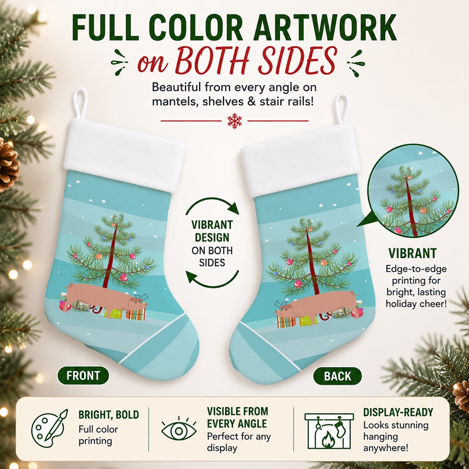 American Landrace Pig Christmas Holiday Stocking Double-Sided Print, Polyester Suede,11x18, Made in USA