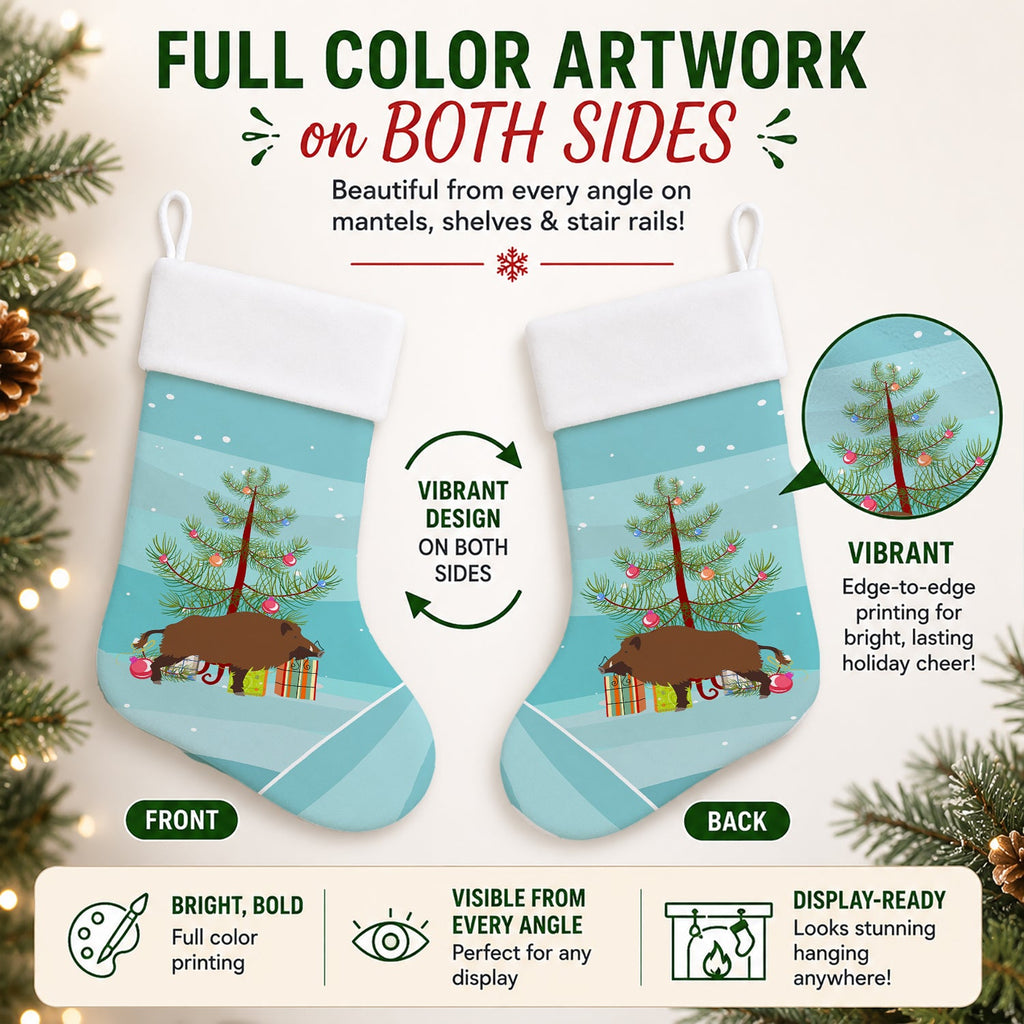 Wild Boar Pig Christmas Holiday Stocking Double-Sided Print, Polyester Suede,11x18, Made in USA