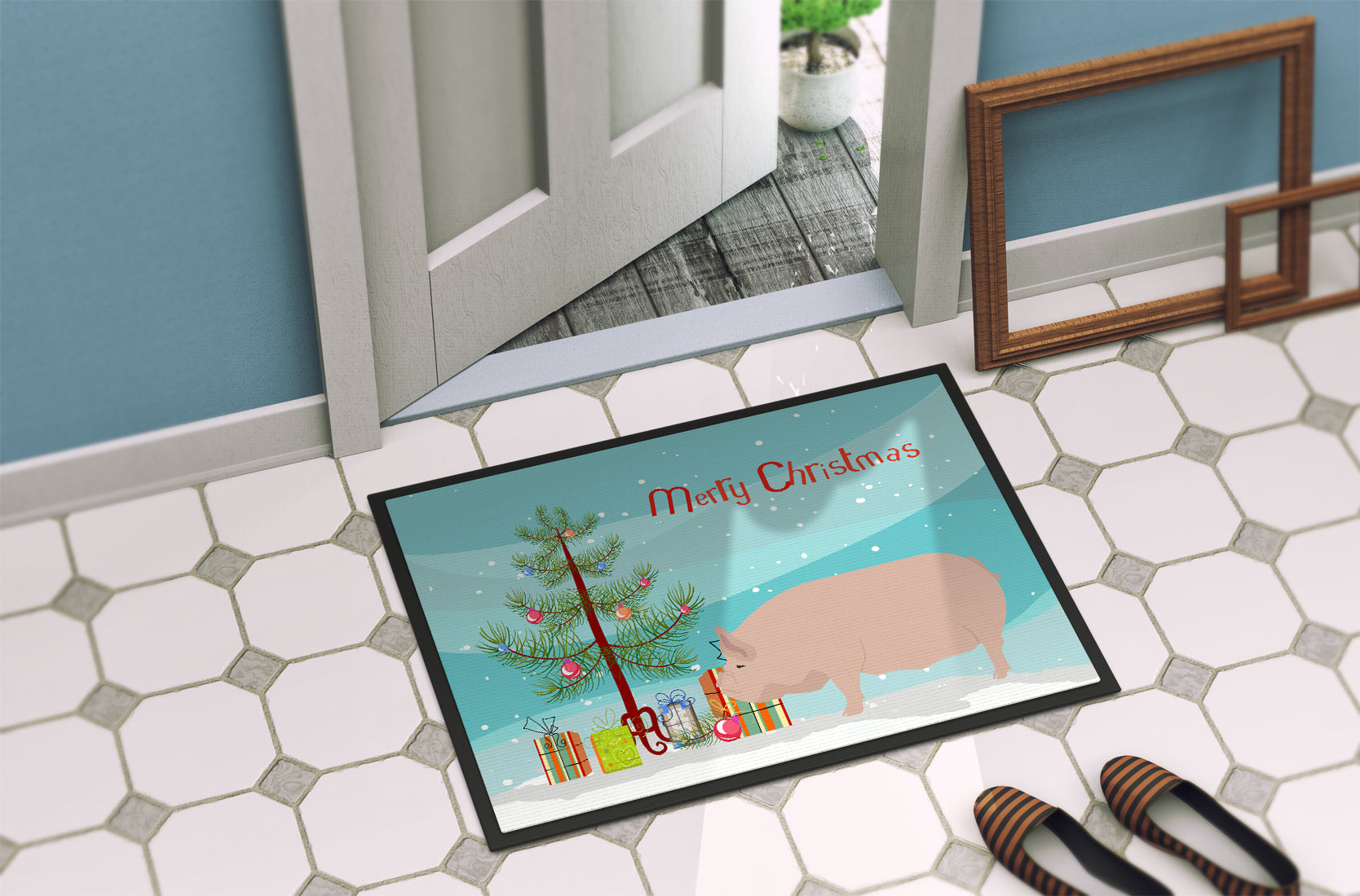 Welsh Pig Christmas Doormat Indoor Outdoor 18H X 27W Front Door Mat Rugs for Entryway, Non Slip Washable