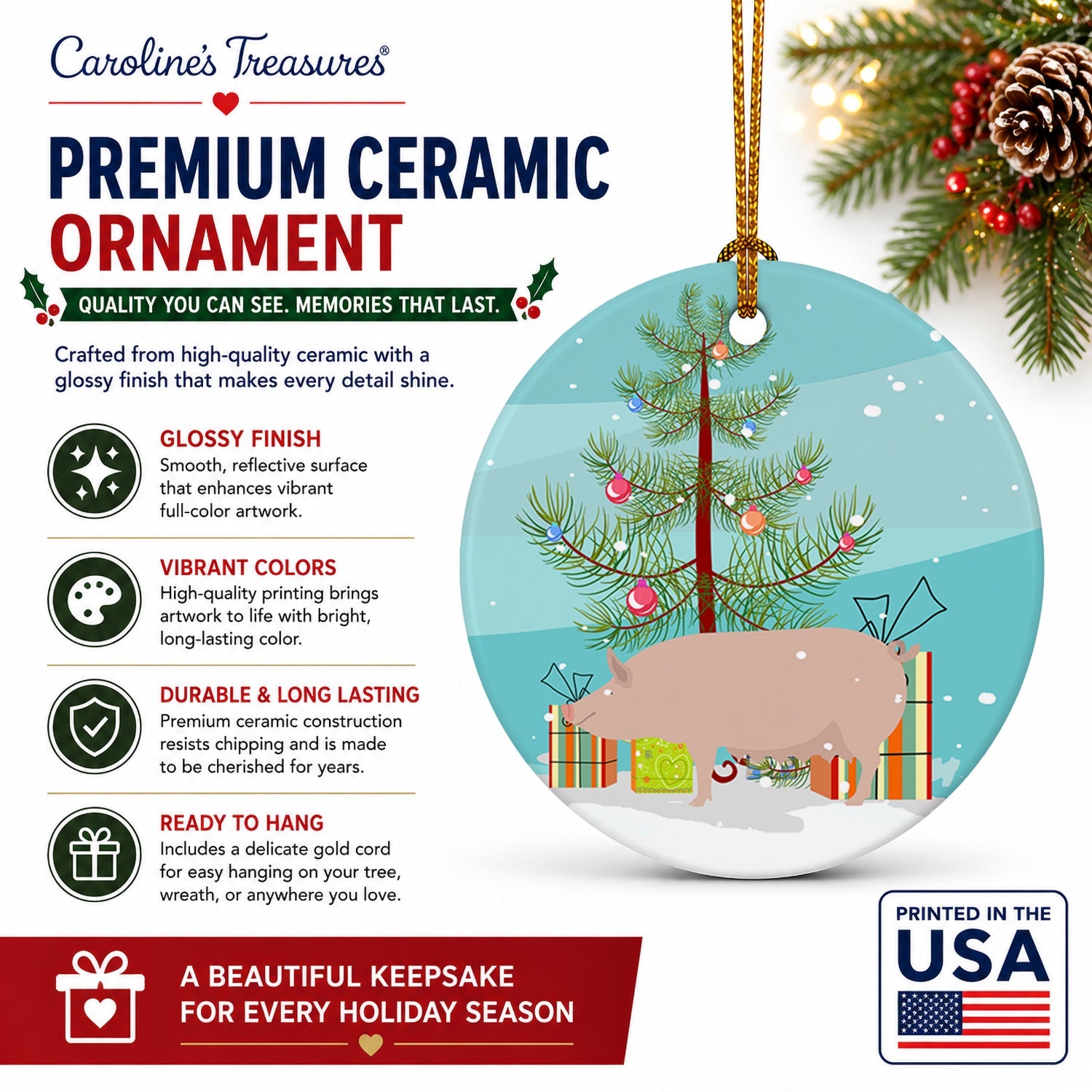 English Large White Pig Christmas Ceramic Ornament Christmas Tree Hanging Decorations for Home Christmas Holiday, Party, Gift, 3 in, Multicolor
