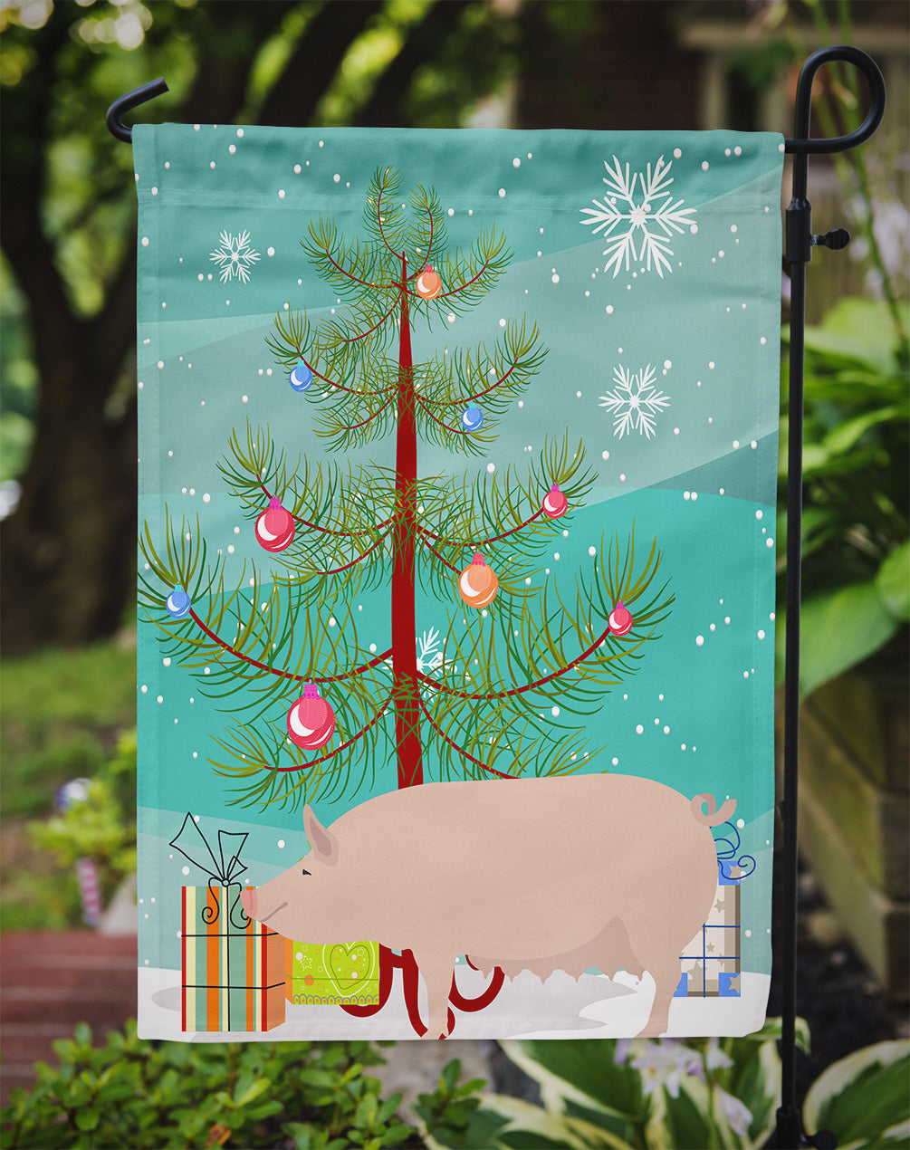 English Large White Pig Christmas Garden Flag Mailbox Decorative Yard Banner Outside Patio Artwork for Flower Beds, Garden Size, Multicolor