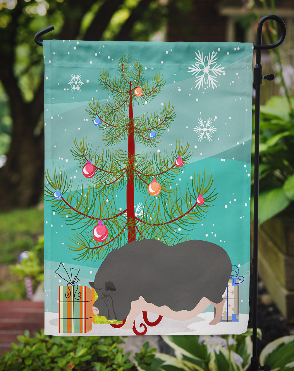 Vietnamese Pot-Bellied Pig Christmas Garden Flag Mailbox Decorative Yard Banner Outside Patio Artwork for Flower Beds, Garden Size, Multicolor