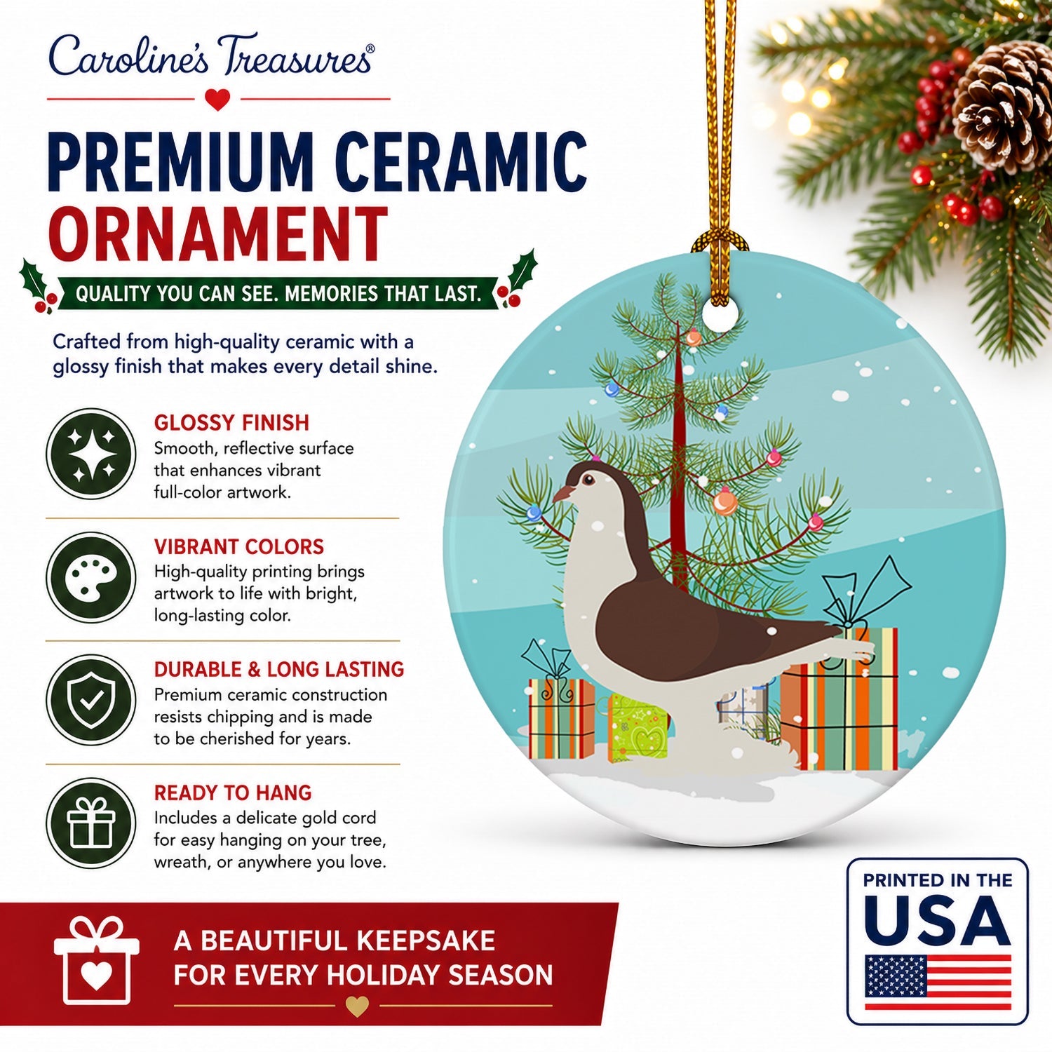 Large Pigeon Christmas Ceramic Ornament Christmas Tree Hanging Decorations for Home Christmas Holiday, Party, Gift, 3 in, Multicolor