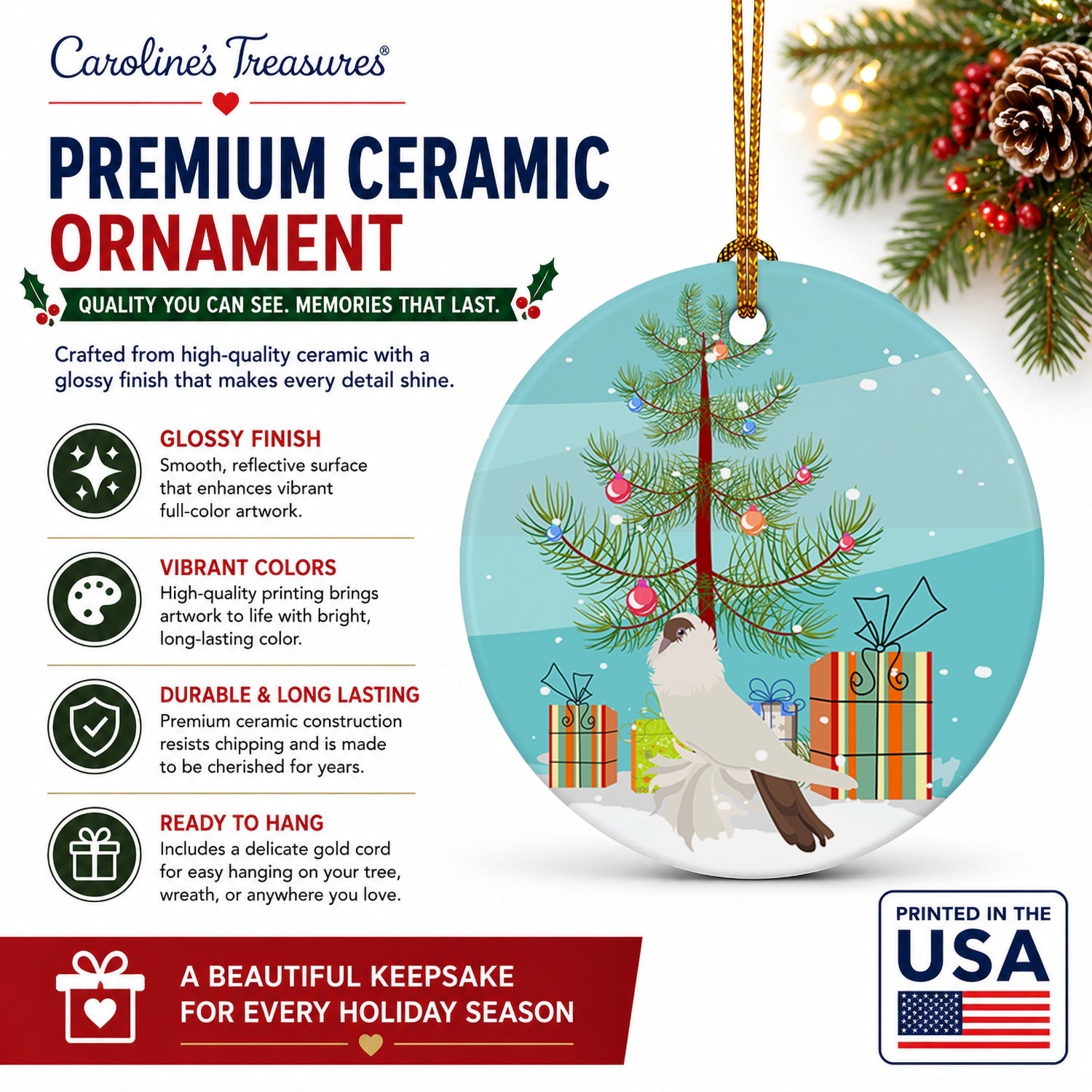 German Helmet Pigeon Christmas Ceramic Ornament Christmas Tree Hanging Decorations for Home Christmas Holiday, Party, Gift, 3 in, Multicolor