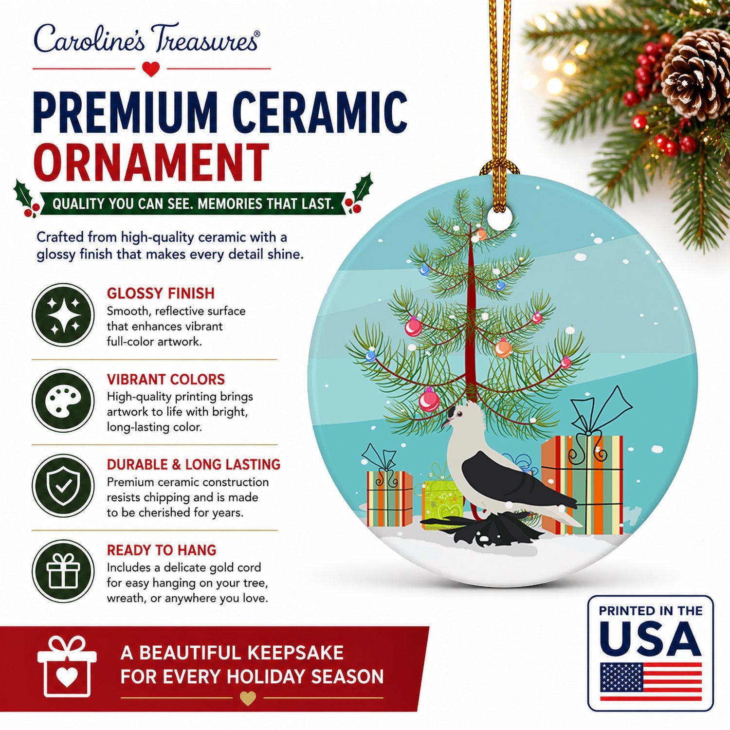 Saxon Fairy Swallow Pigeon Christmas Ceramic Ornament Christmas Tree Hanging Decorations for Home Christmas Holiday, Party, Gift, 3 in, Multicolor