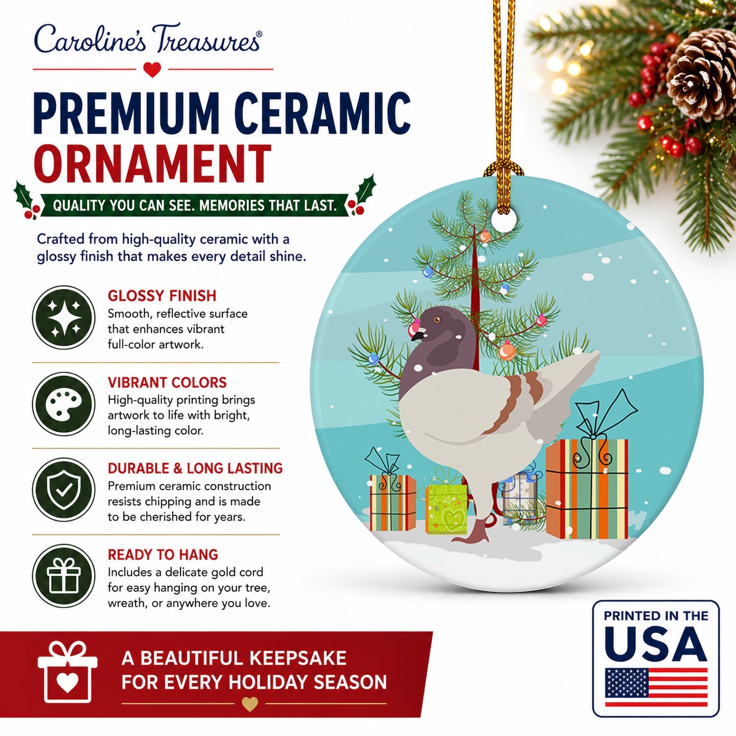 German Modena Pigeon Christmas Ceramic Ornament Christmas Tree Hanging Decorations for Home Christmas Holiday, Party, Gift, 3 in, Multicolor