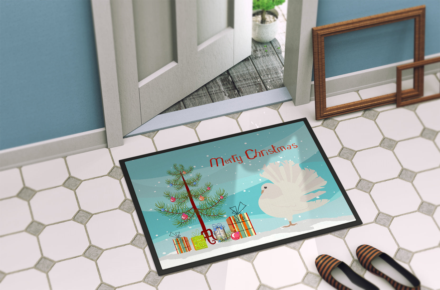 Silver Fantail Pigeon Christmas Doormat Indoor Outdoor 24H X 36W Front Door Mat Rugs for Entryway, Non Slip Washable Low Pile,