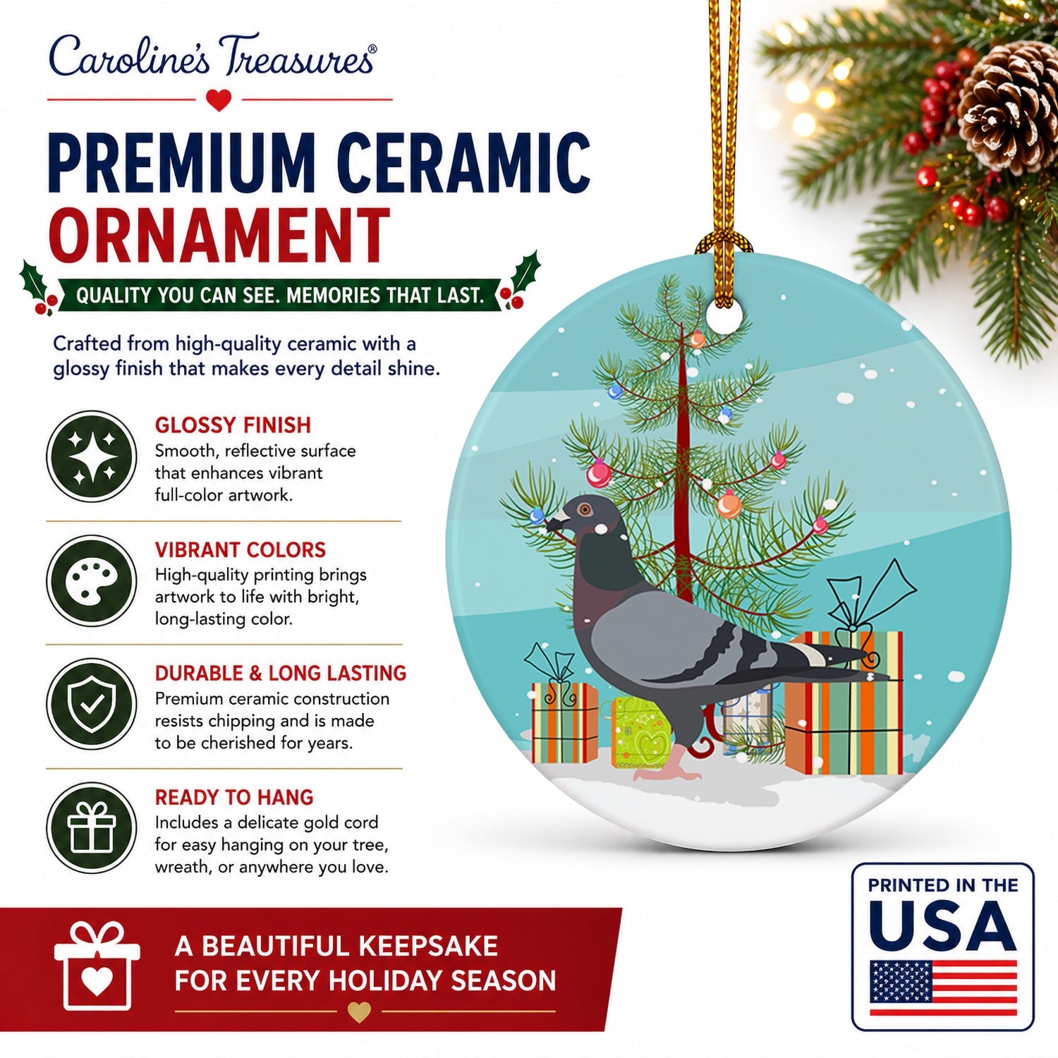 Racing Pigeon Christmas Ceramic Ornament Christmas Tree Hanging Decorations for Home Christmas Holiday, Party, Gift, 3 in, Multicolor