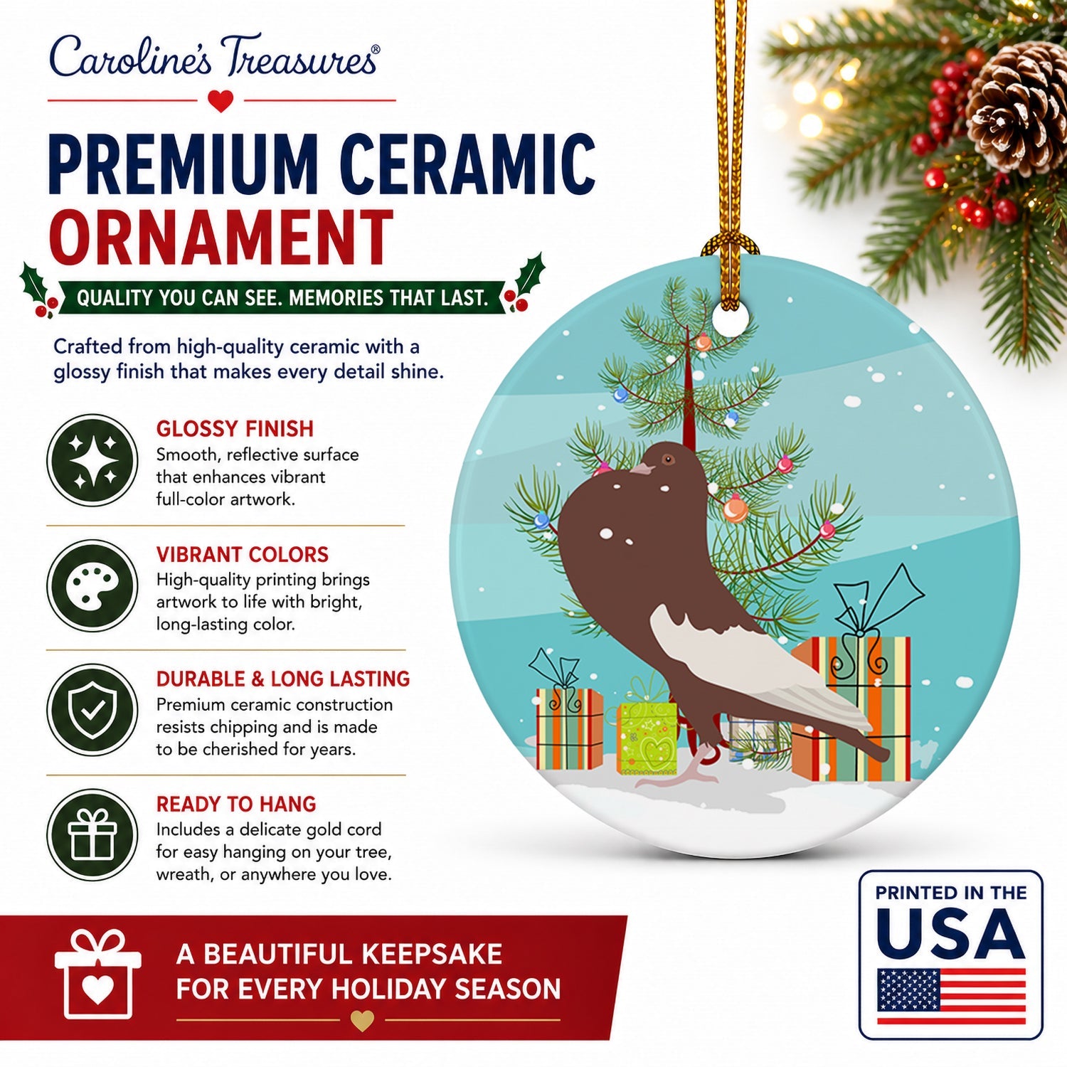 English Pouter Pigeon Christmas Ceramic Ornament Christmas Tree Hanging Decorations for Home Christmas Holiday, Party, Gift, 3 in, Multicolor