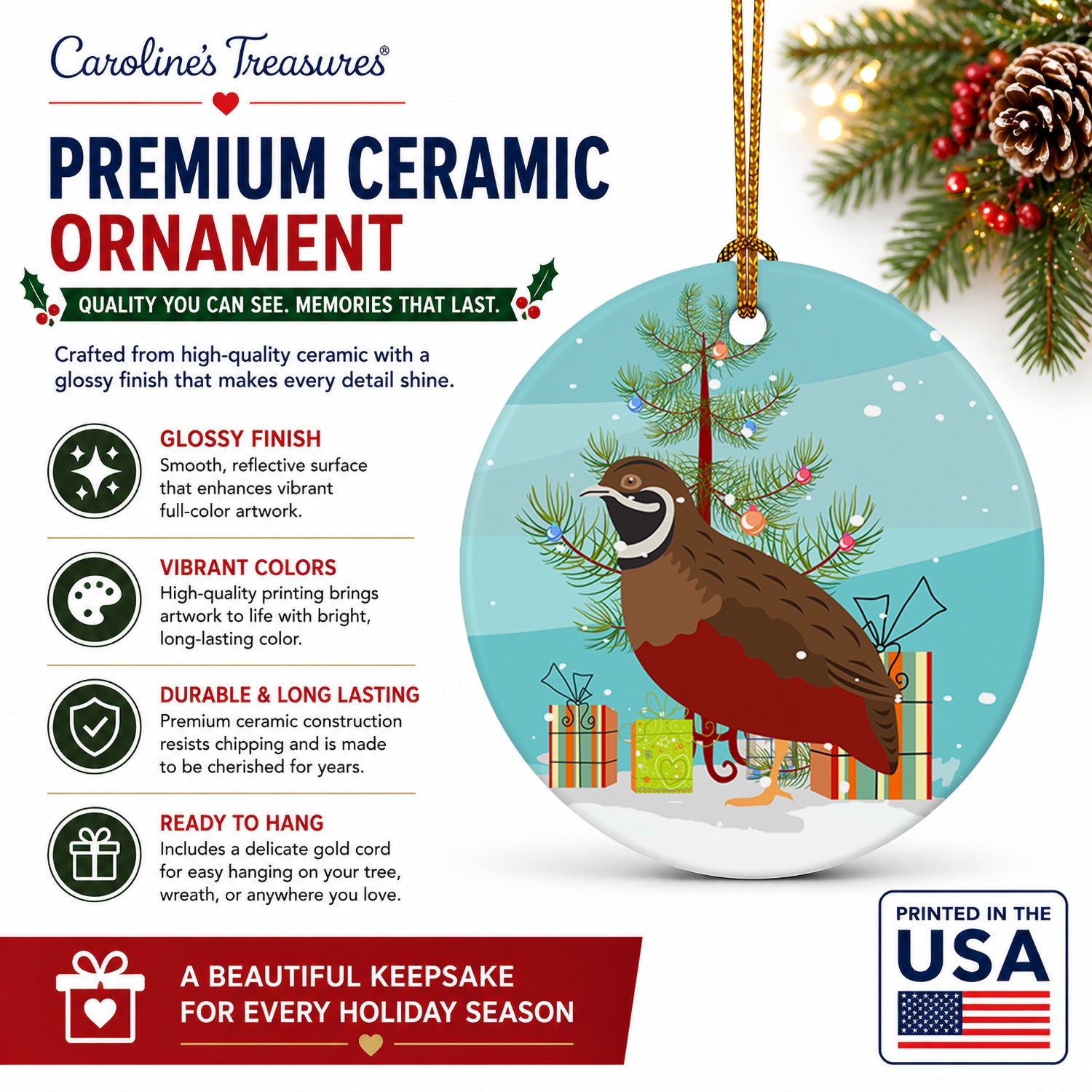 Chinese Painted or King Quail Christmas Ceramic Ornament Christmas Tree Hanging Decorations for Home Christmas Holiday, Party, Gift, 3 in, Multicolor