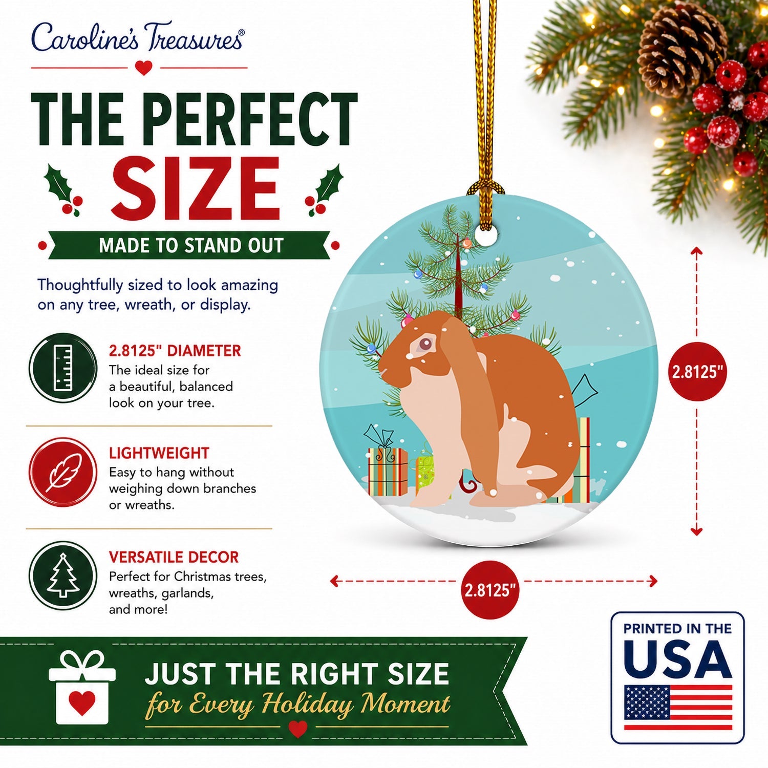 English Lop Rabbit Christmas Ceramic Ornament Christmas Tree Hanging Decorations for Home Christmas Holiday, Party, Gift, 3 in, Multicolor