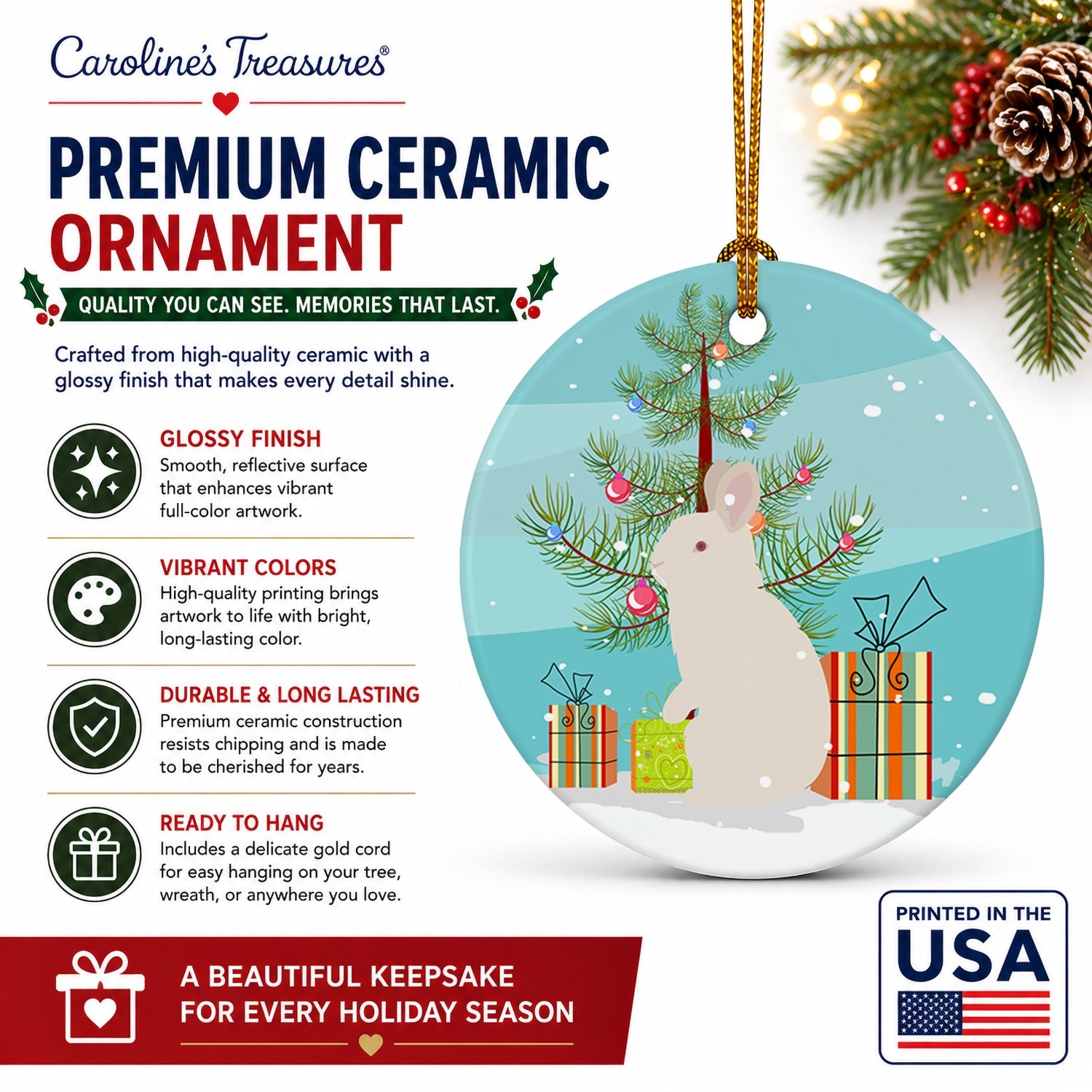 New Zealand White Rabbit Christmas Ceramic Ornament Christmas Tree Hanging Decorations for Home Christmas Holiday, Party, Gift, 3 in, Multicolor