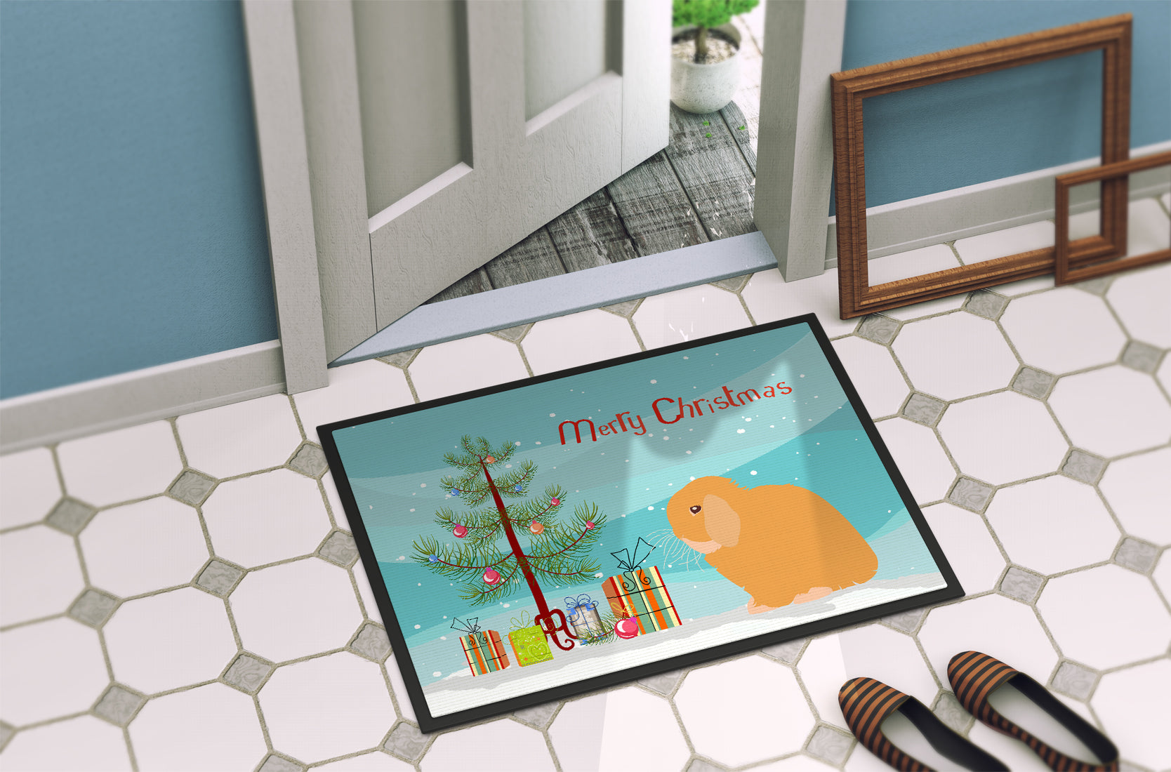 Holland Lop Rabbit Christmas Doormat Indoor Outdoor 24H X 36W Front Door Mat Rugs for Entryway, Non Slip Washable Low Pile,