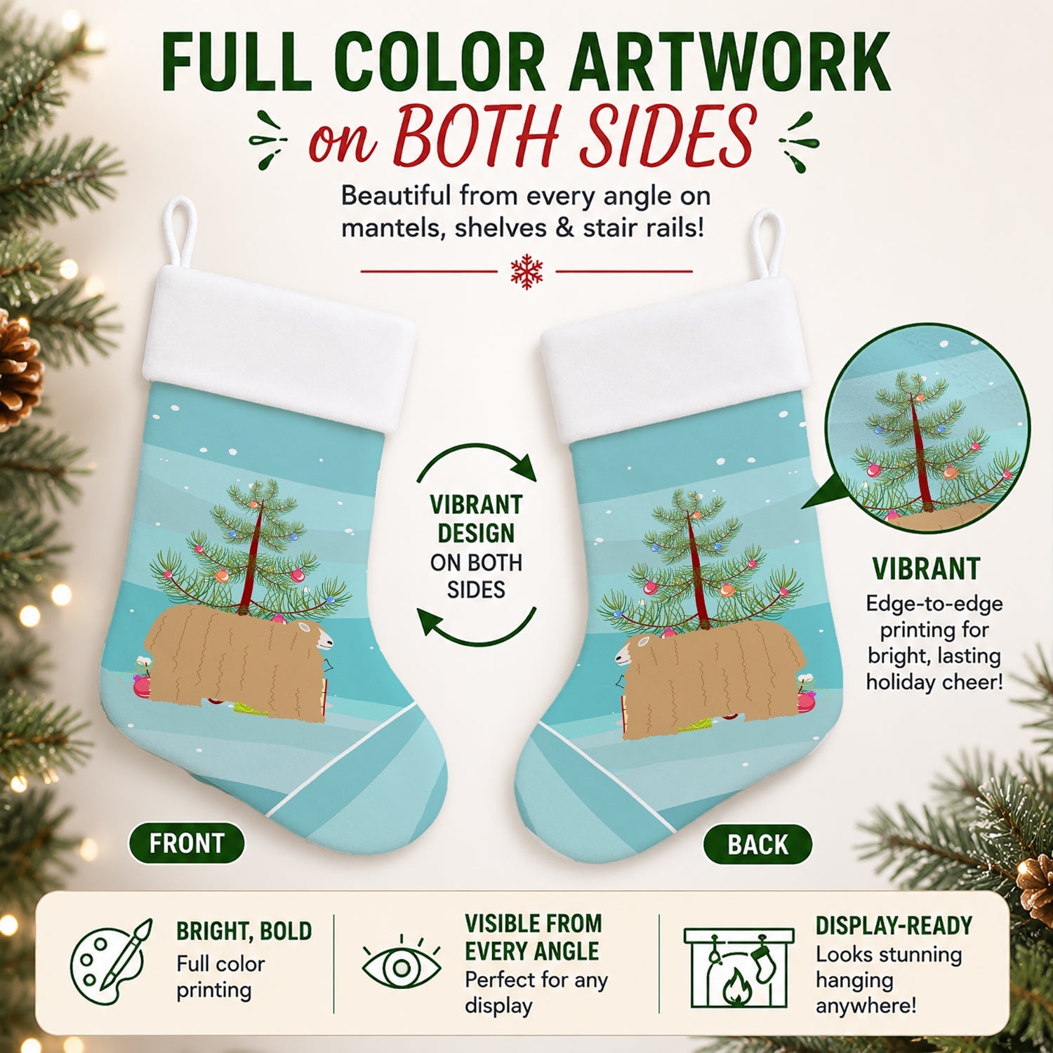 Lincoln Longwool Sheep Christmas Holiday Stocking Double-Sided Print, Polyester Suede,11x18, Made in USA