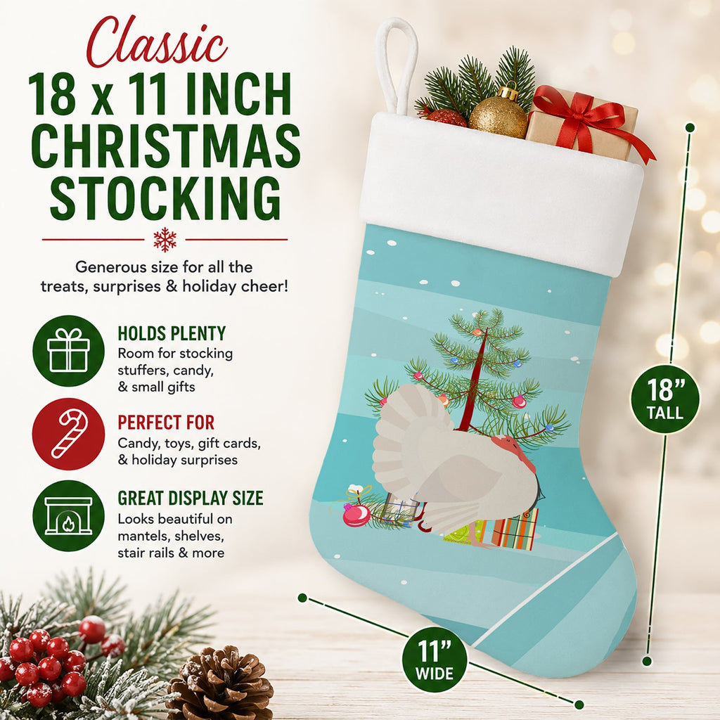 White Holland Turkey Christmas Holiday Stocking Double-Sided Print, Polyester Suede,11x18, Made in USA