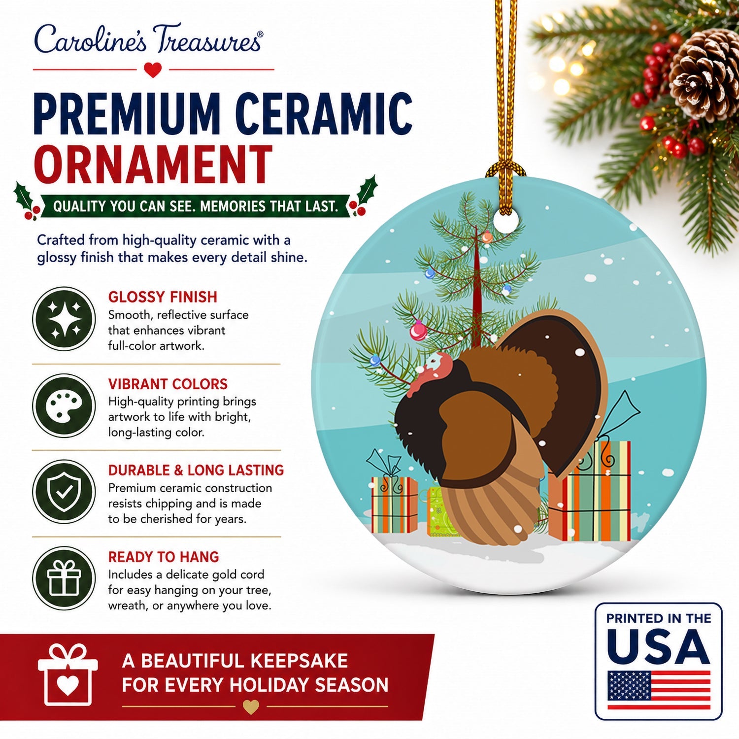 Bronze Turkey Christmas Ceramic Ornament Christmas Tree Hanging Decorations for Home Christmas Holiday, Party, Gift, 3 in, Multicolor