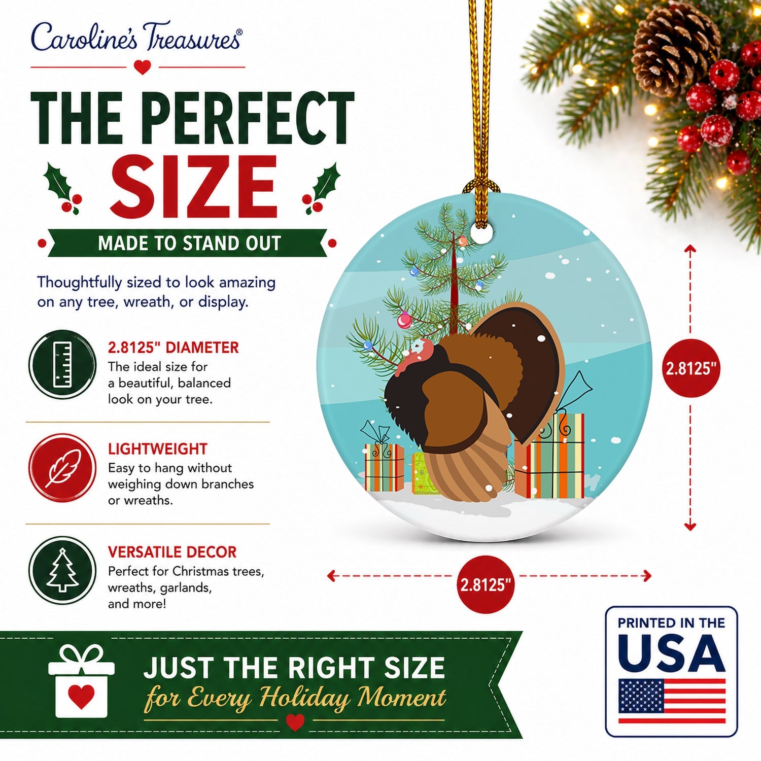 Bronze Turkey Christmas Ceramic Ornament Christmas Tree Hanging Decorations for Home Christmas Holiday, Party, Gift, 3 in, Multicolor