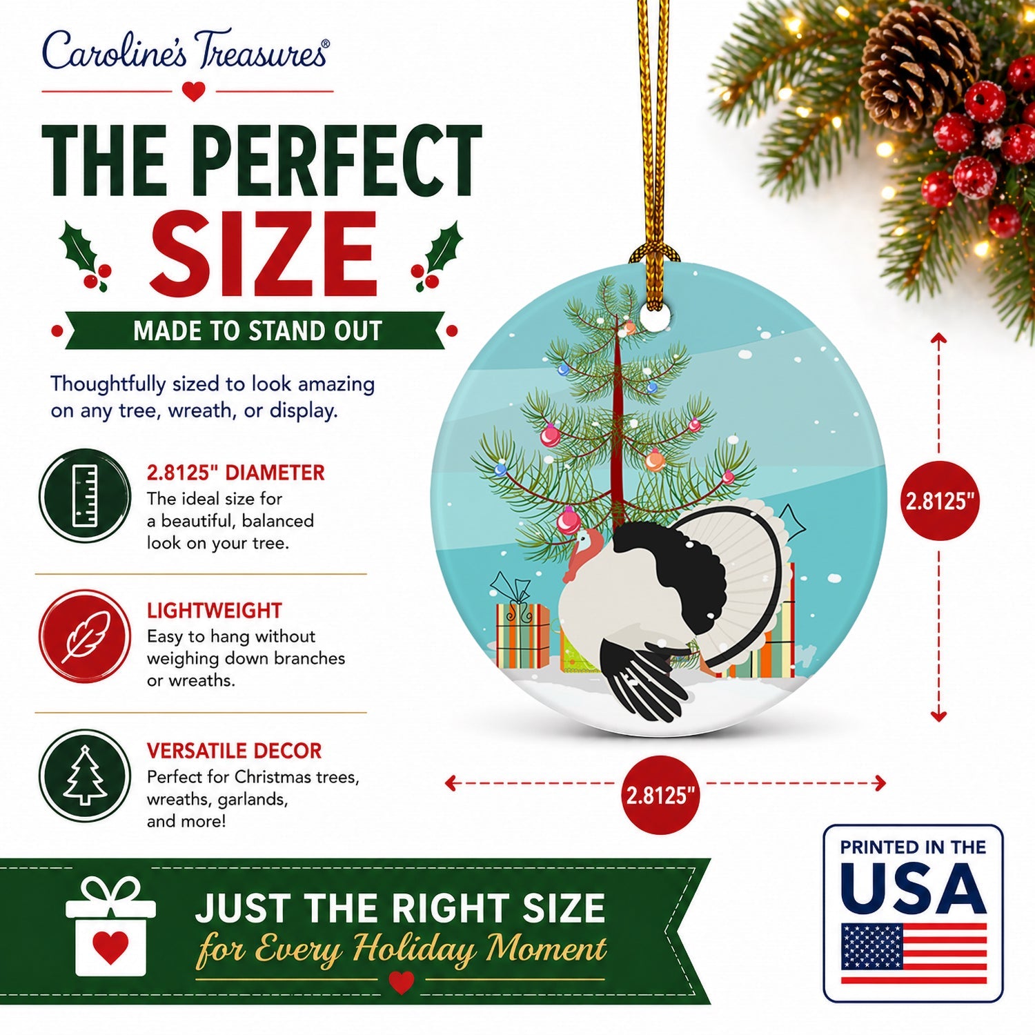 Royal Palm Turkey Christmas Ceramic Ornament Christmas Tree Hanging Decorations for Home Christmas Holiday, Party, Gift, 3 in, Multicolor