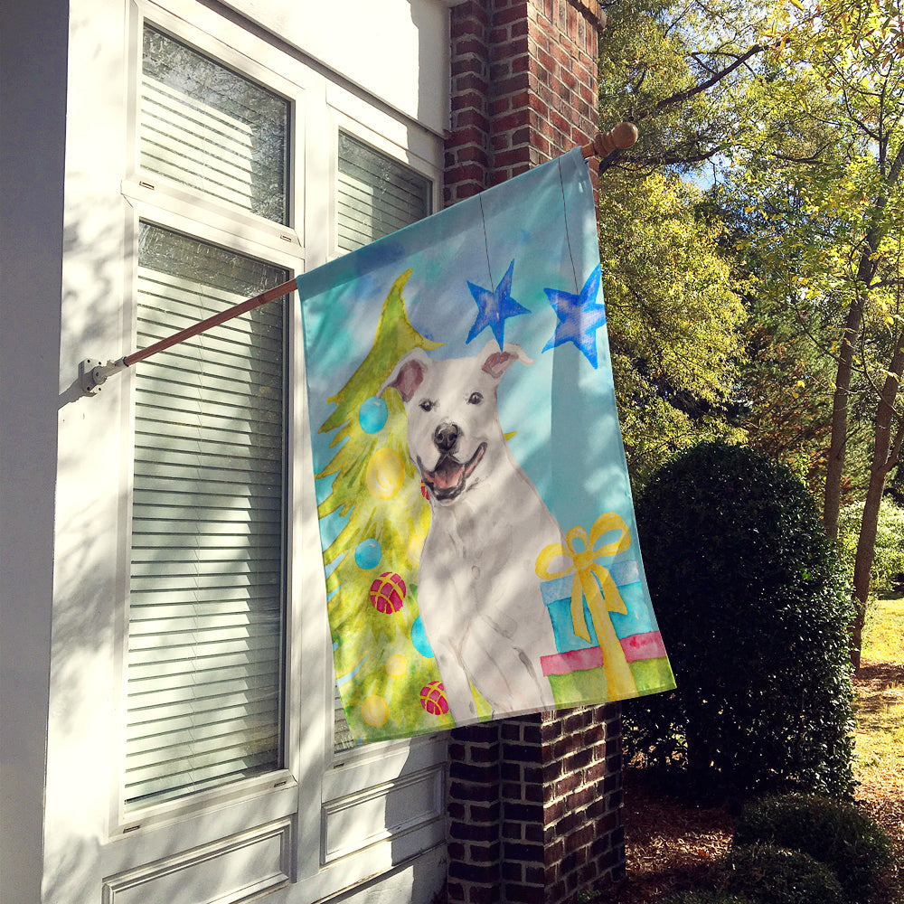 White Staffie Bull Terrier Christmas House Flag 28x40 Porch Sleeve Pole Decorative Outside Yard Banner Artwork Wall Hanging, Polyester