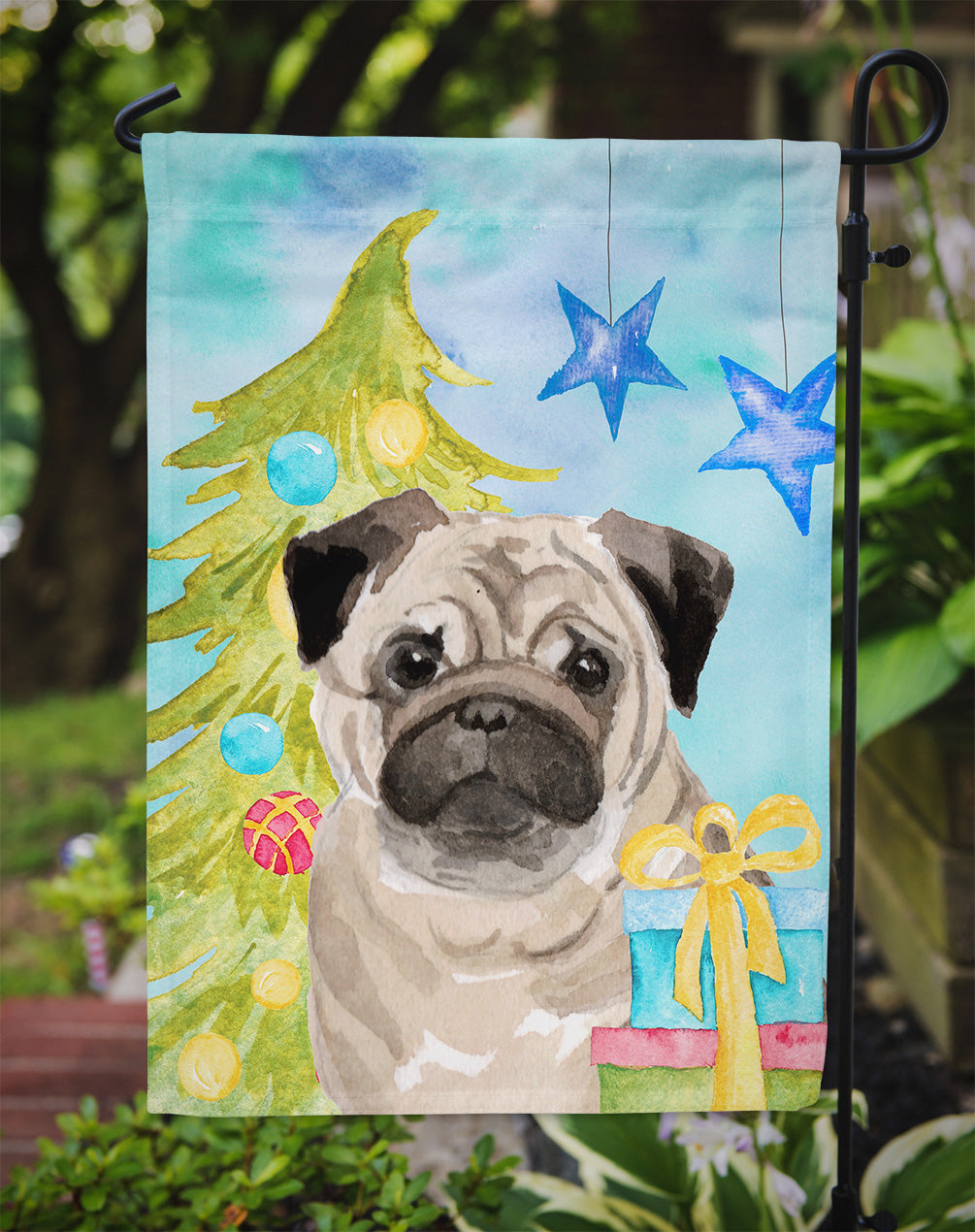 Fawn Pug Christmas Garden Flag Mailbox Decorative Yard Banner Outside Patio Artwork for Flower Beds, Garden Size, Multicolor