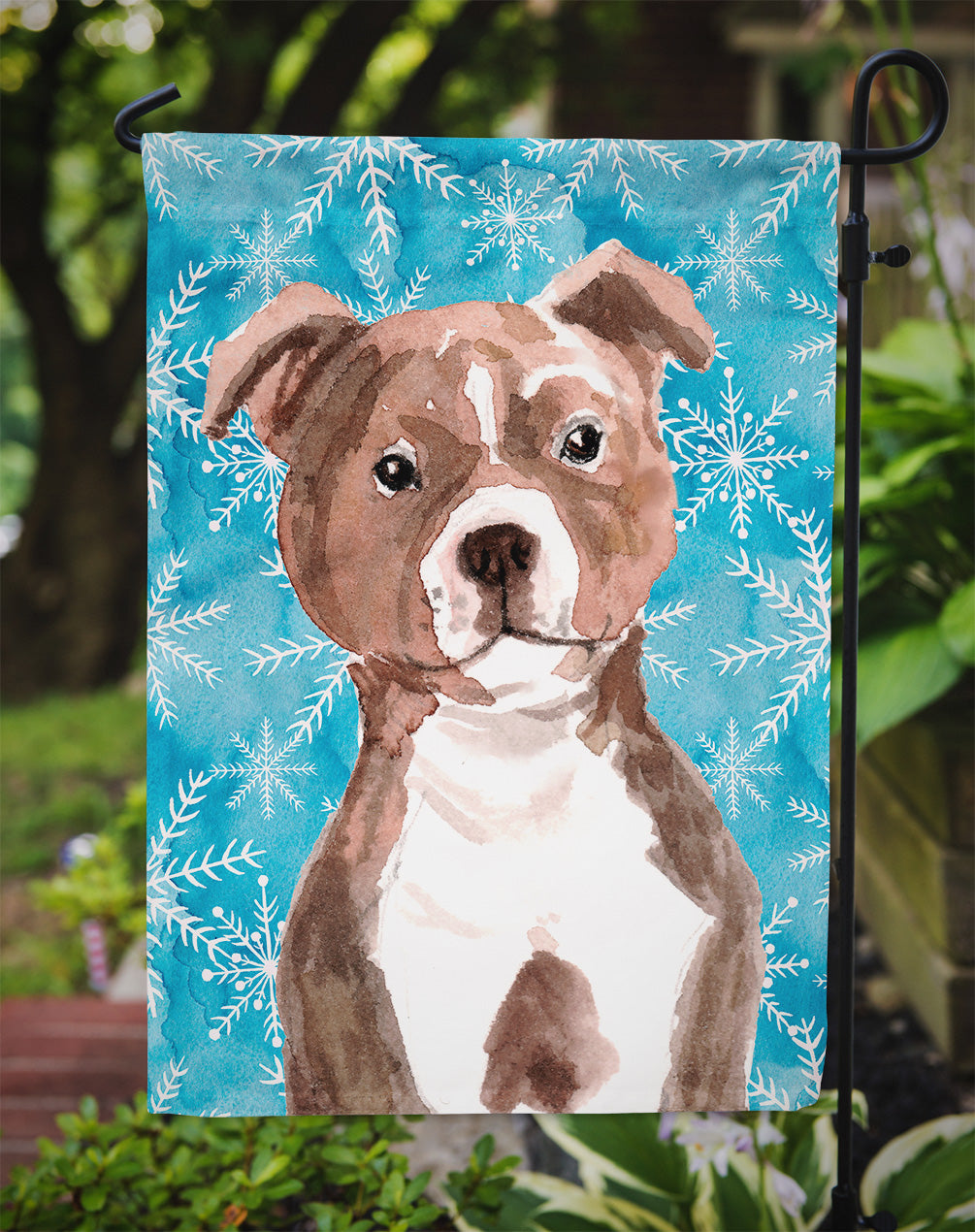 Red Staffie Bull Terrier Winter Garden Flag Mailbox Decorative Yard Banner Outside Patio Artwork for Flower Beds, Garden Size, Multicolor