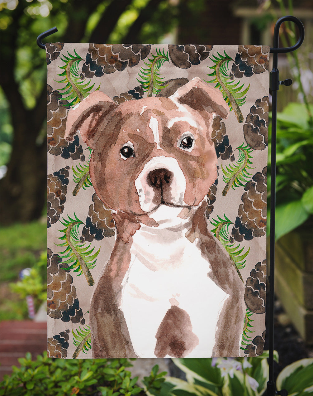 Red Staffie Bull Terrier Pine Cones Garden Flag Mailbox Decorative Yard Banner Outside Patio Artwork for Flower Beds, Garden Size, Multicolor