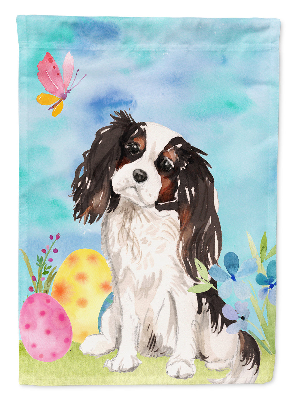 Tricolor Cavalier Spaniel Easter House Flag 28x40 Porch Sleeve Pole Decorative Outside Yard Banner Artwork Wall Hanging, Polyester