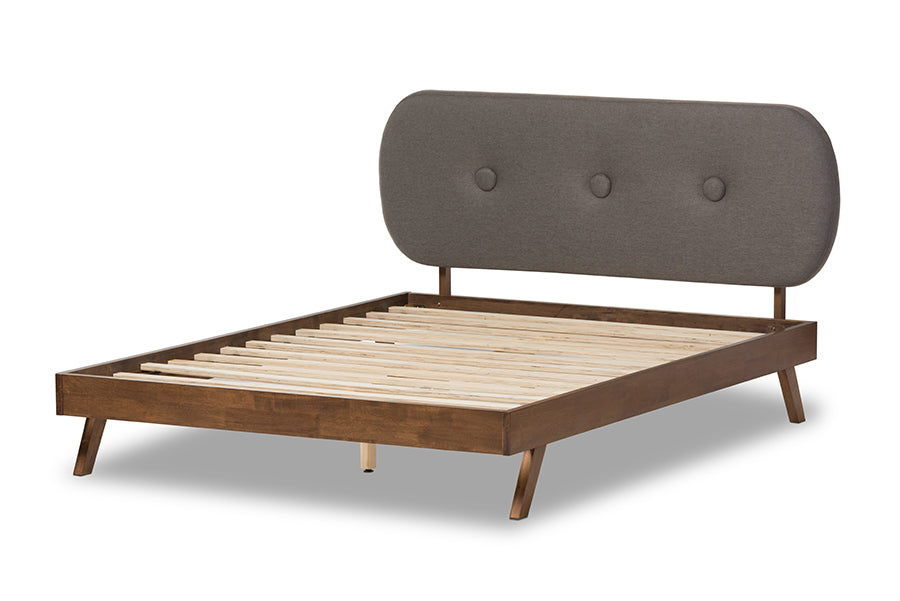 Baxton Studio Penelope Mid-Century Modern Solid Walnut Wood Grey Fabric Upholstered Queen Size Platform Bed