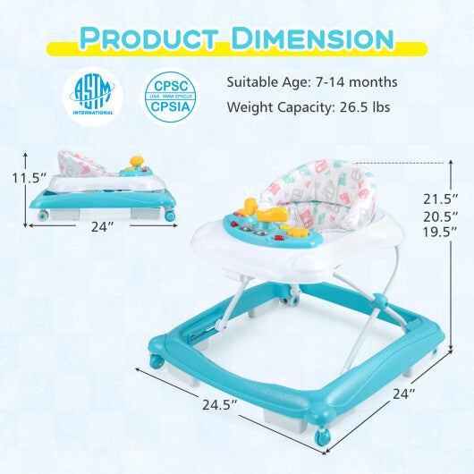 Foldable Baby Walker with 3 Adjustable Heights and Padded Seat-Blue