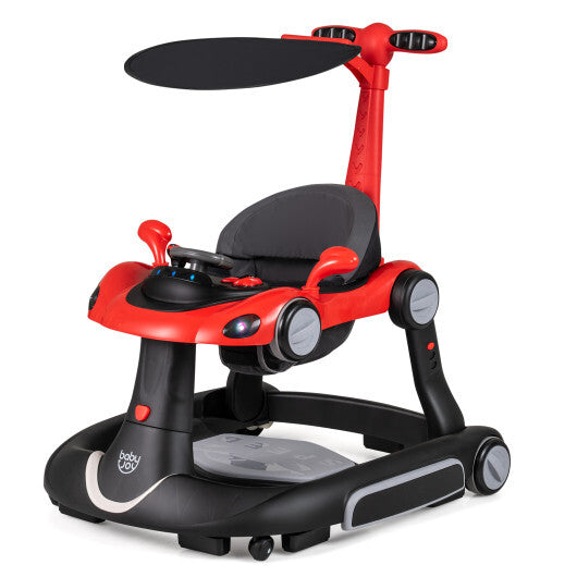 6-in-1 Baby Walker with Canopy Portable Activity Center Bouncer Rocker Combo with Music-Red - Color: Red