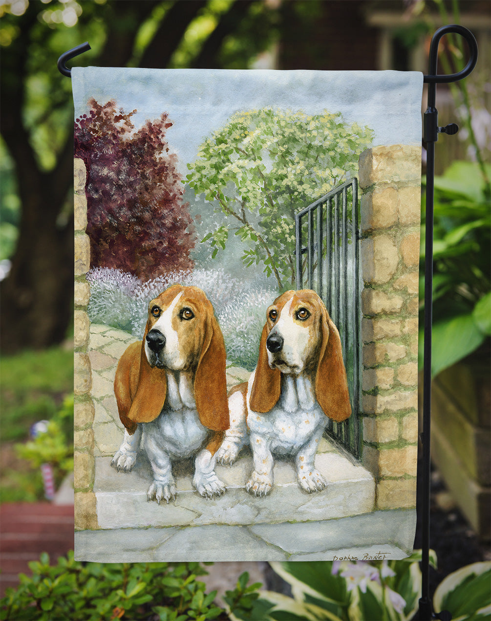 Basset Hounds in the Gate Garden Flag Mailbox Decorative Yard Banner Outside Patio Artwork for Flower Beds, Garden Size, Multicolor