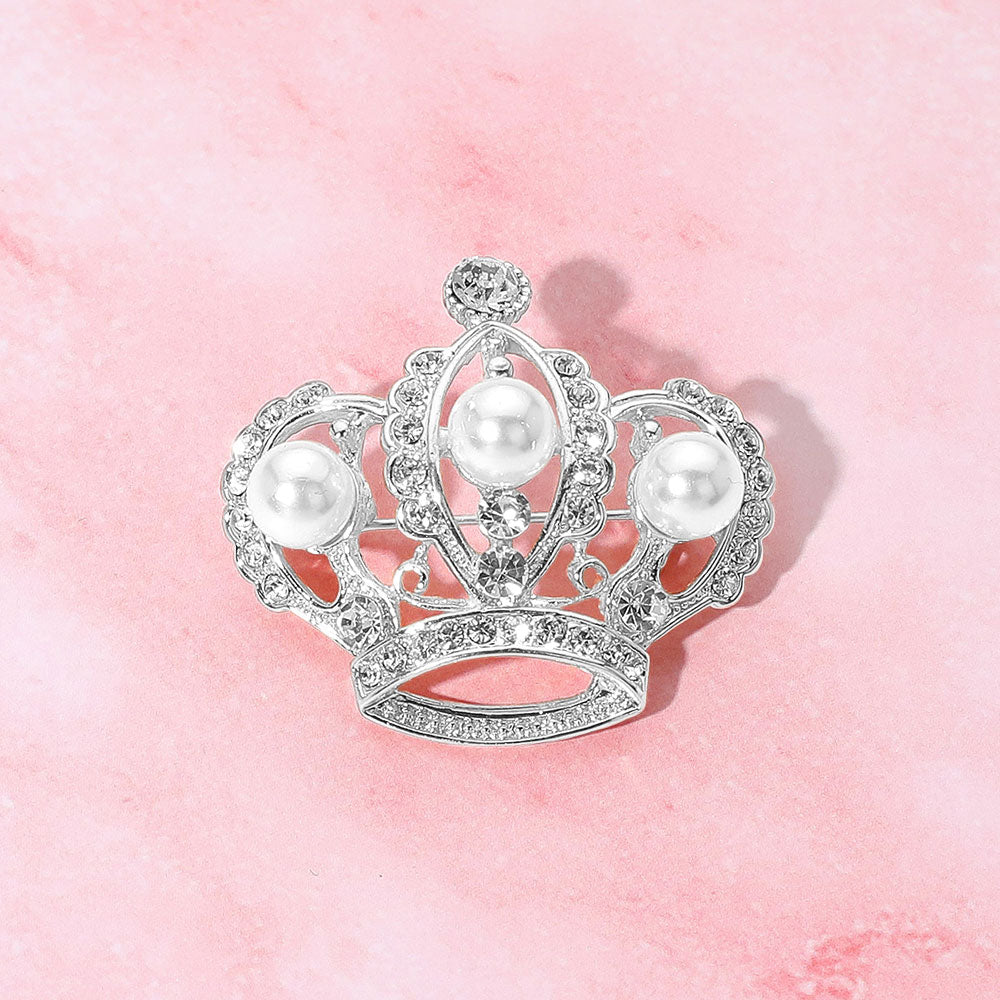 Pearl Accent Stone Paved Regal Crown Pin Brooch