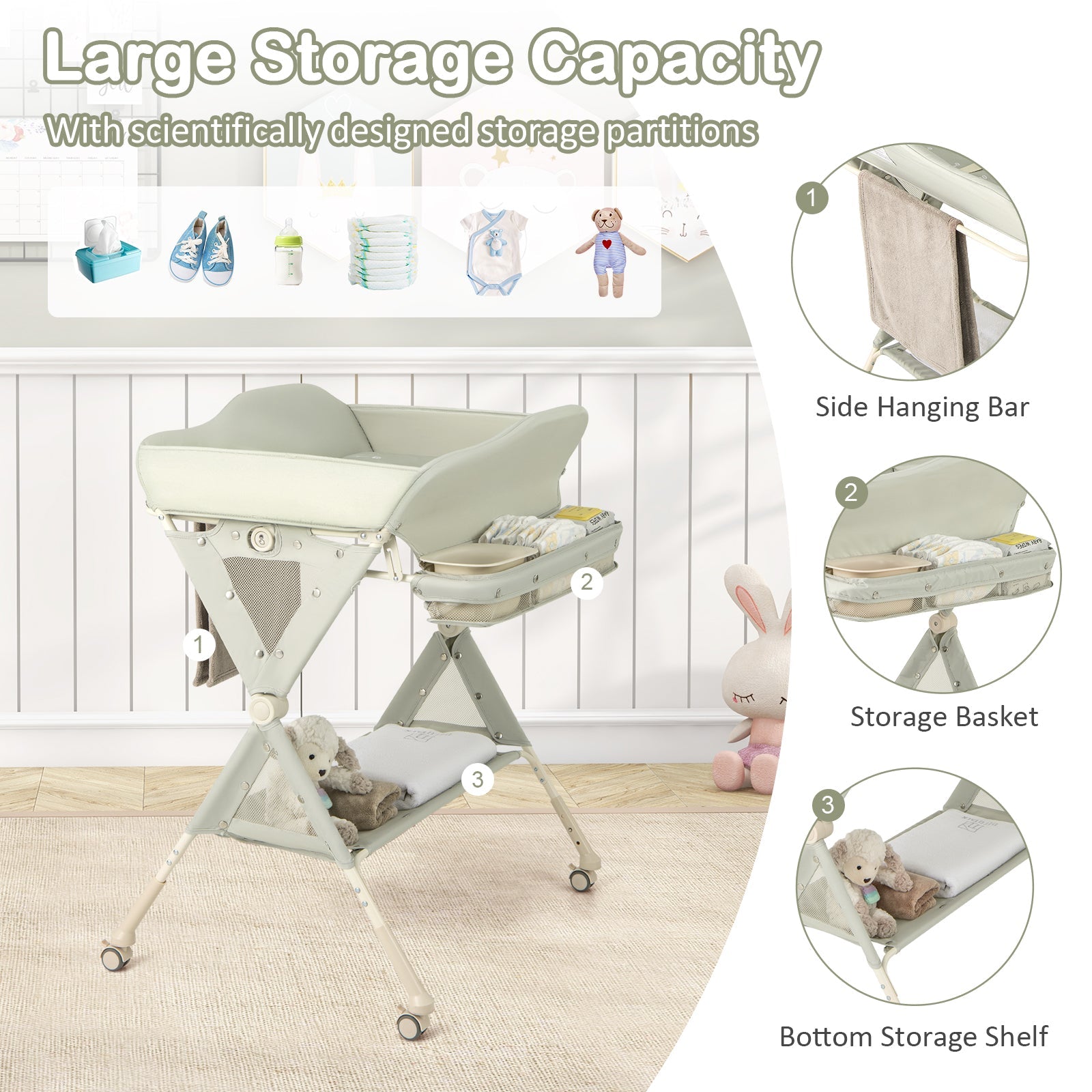 Baby Diaper Changing Table with Water Basin Wheel-Green