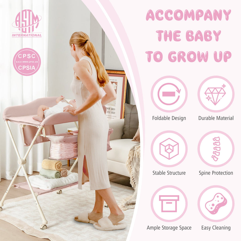 Baby Diaper Changing Table with Water Basin Wheel-Pink