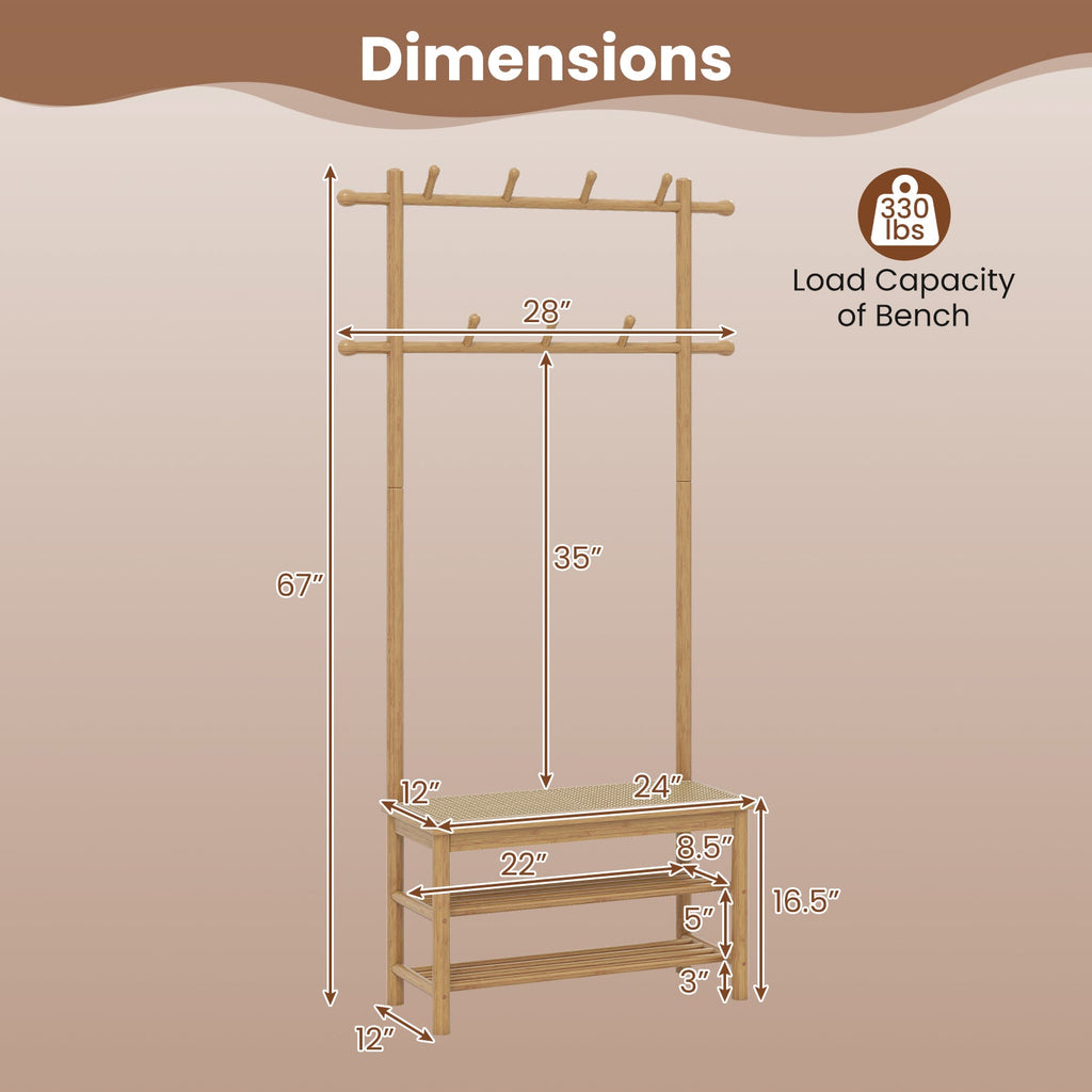 Bamboo Coat Rack PE Rattan Hall Tree with Bench and Shoe Storage 3-In-1 Entryway Bench