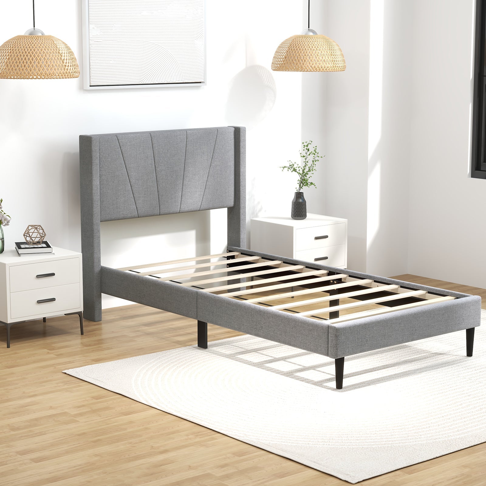 Twin/Queen Bed Frame with Linen Upholstered Wingback Headboard
