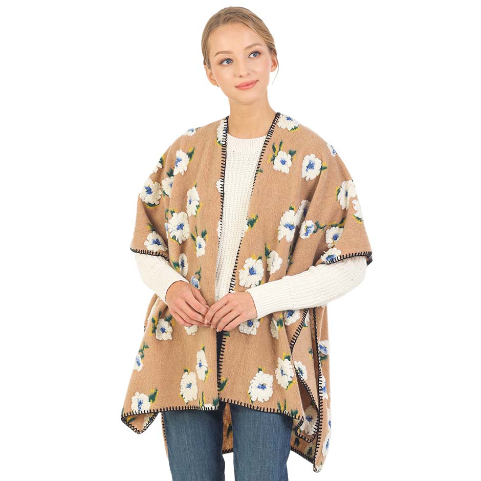 Floral Pattern Wool Blended Winter Kimono Poncho
