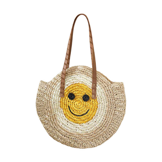 Smile Pointed Color Block Straw Round Shoulder Bag