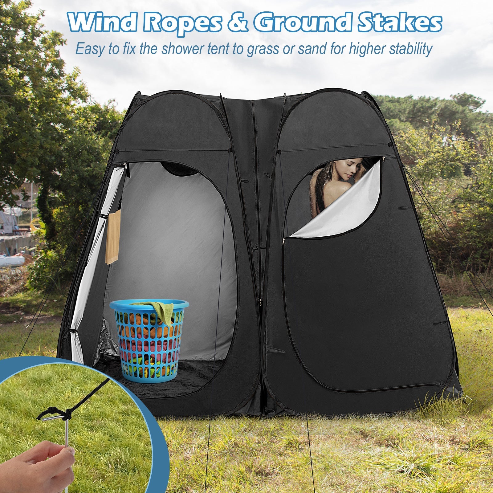 Oversized Pop Up Shower Tent with Window Floor and Storage Pocket