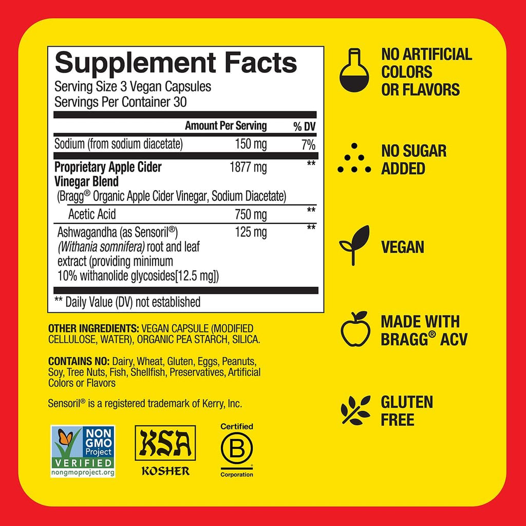 Bragg Daily Balance Apple Cider Vinegar & Ashwagandha Capsules, 90 Count