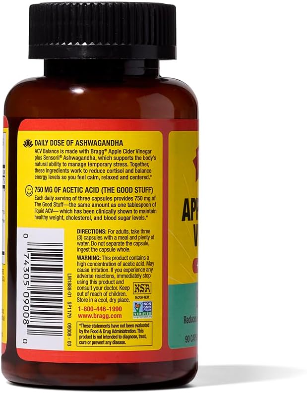 Bragg Daily Balance Apple Cider Vinegar & Ashwagandha Capsules, 90 Count