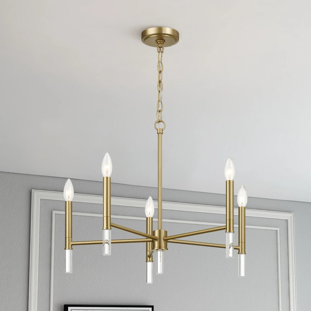 5-Light Golden Brass Candle Chandelier | 24"W Elegant Ceiling Fixture with Clear Glass Accents — Dining Room, Living Room & Entryway