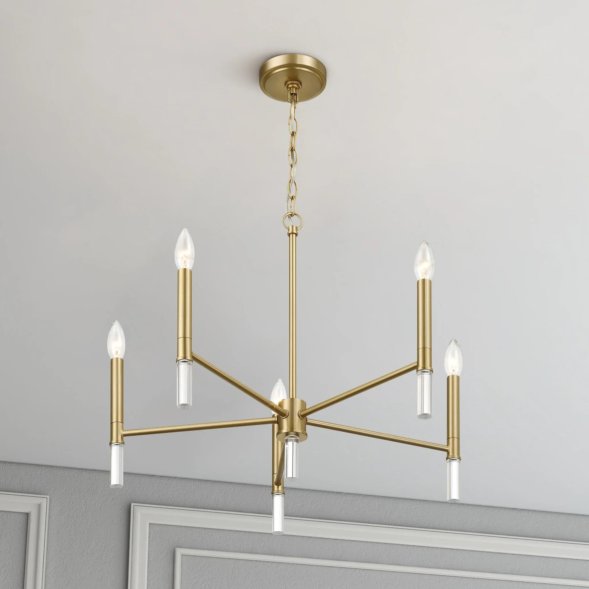 5-Light Golden Brass Candle Chandelier | 24"W Elegant Ceiling Fixture with Clear Glass Accents — Dining Room, Living Room & Entryway
