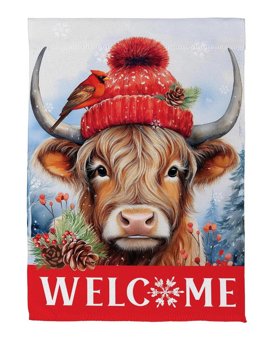 Bundled Up Highland Cow 2 Sided Garden Flag