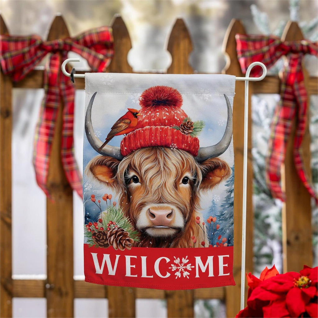 Bundled Up Highland Cow 2 Sided Garden Flag