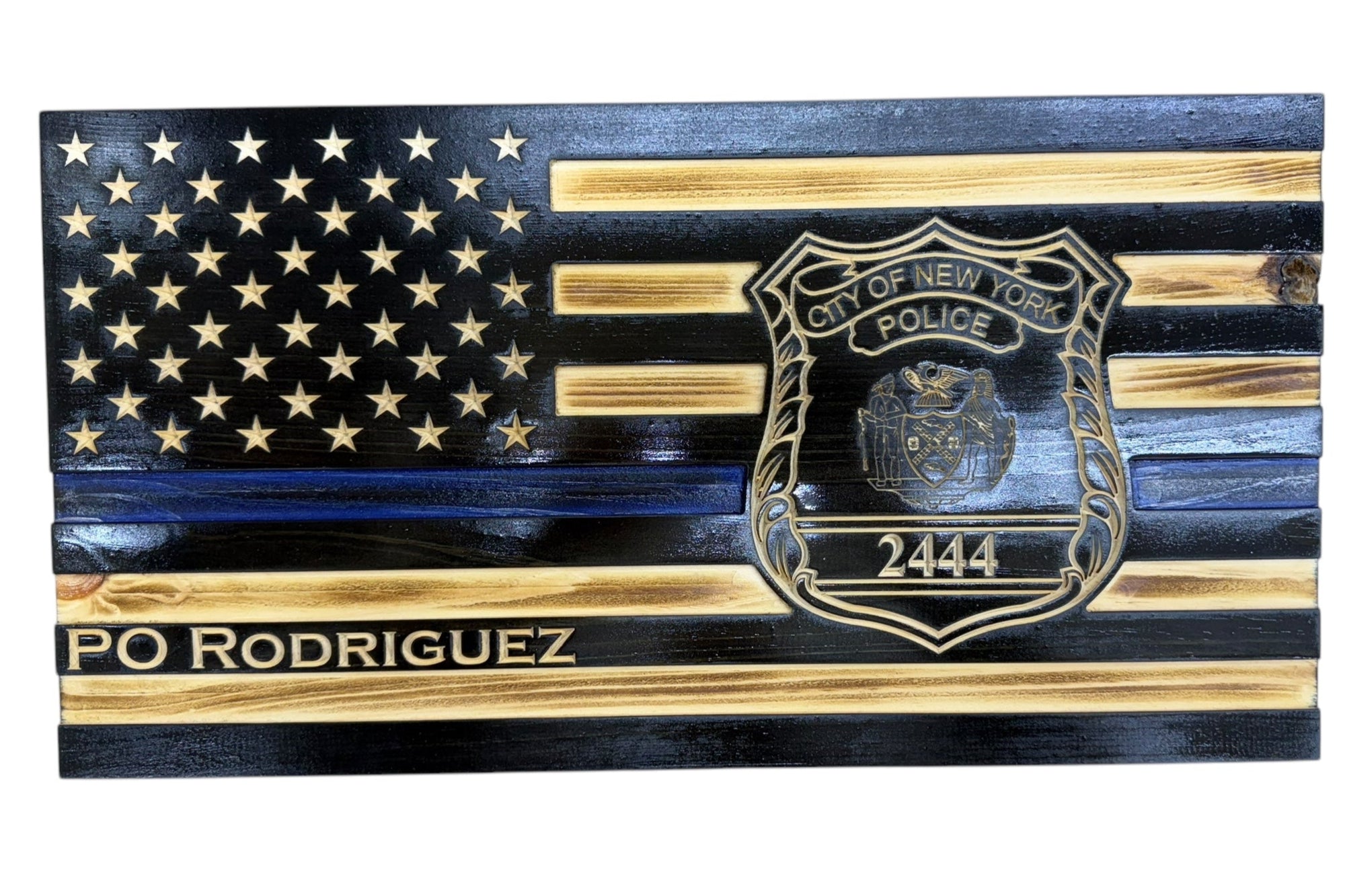 Custom Thin Blue Line Wooden Flag with Engraved Police Badge